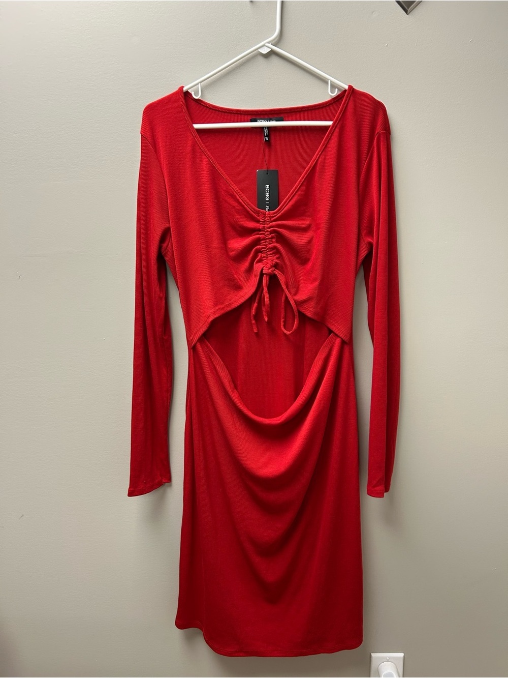 BCBG Paris Red Ribbed V-Neck Cut Out Long Sleeve Maxi Dress